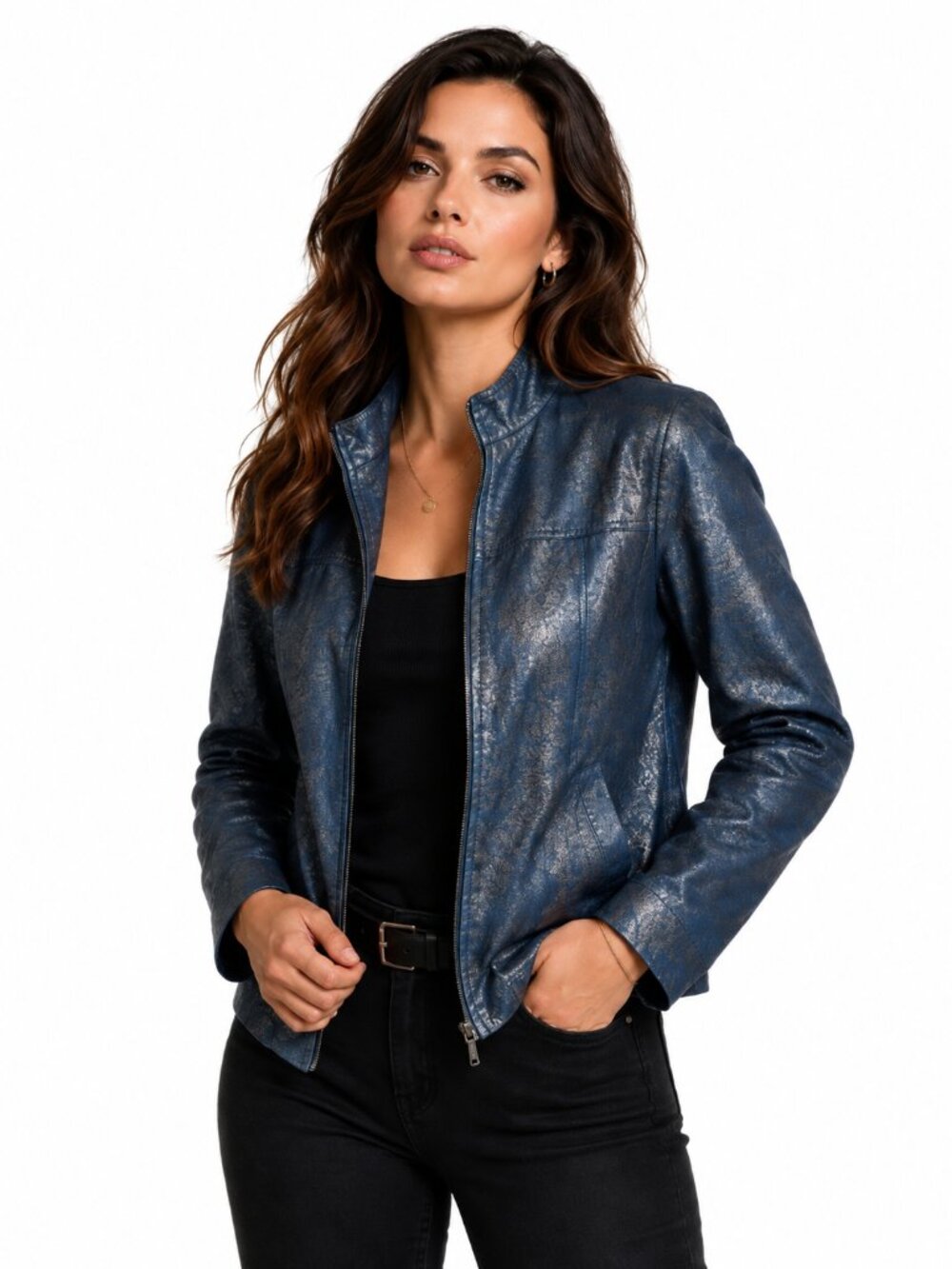 Linear Metallic Bikercore Snakeskin Jacket Women PM Blue Glam 90s Edgy NWT